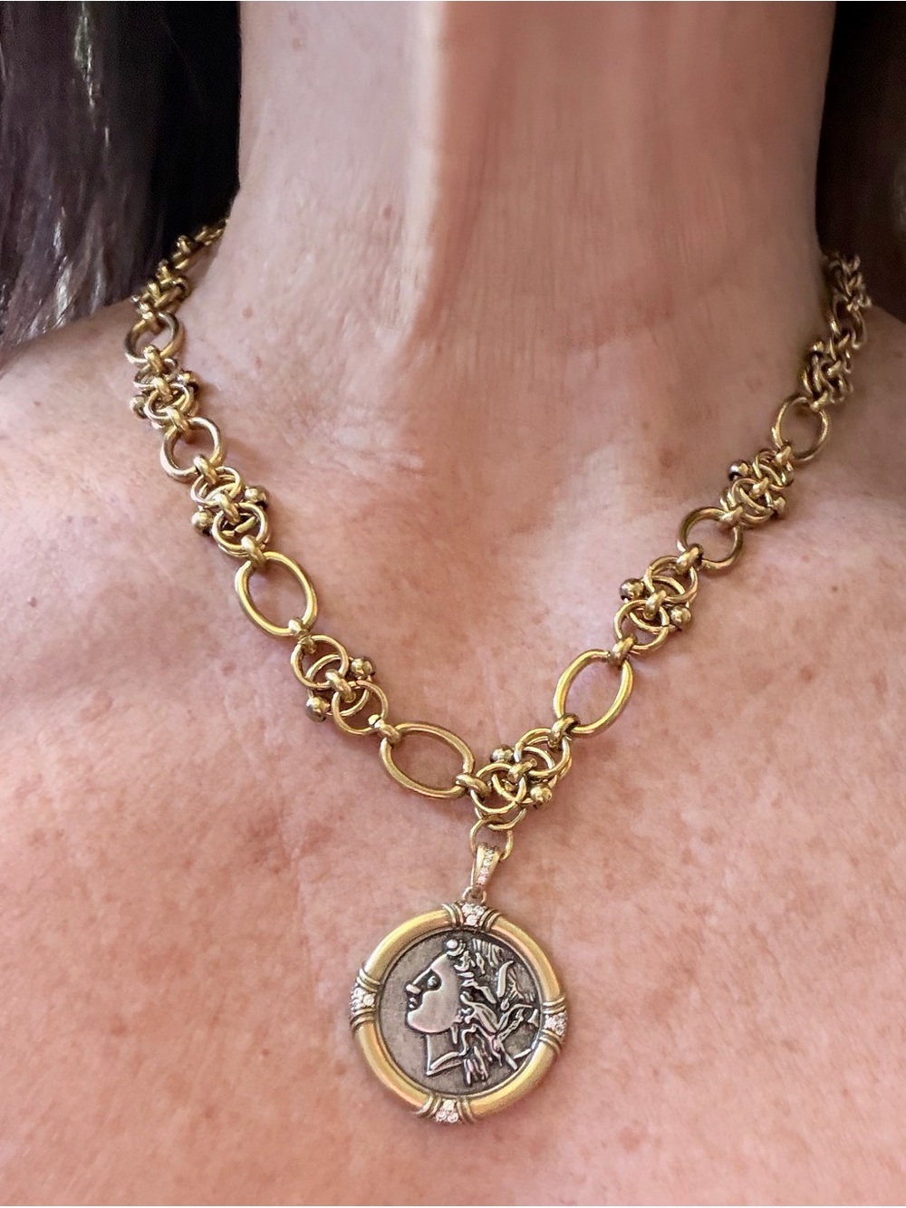 Gold Two-Tone Medallion Necklace with Coin Pendant - Picture 2 of 10